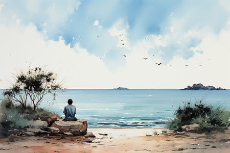 Digital painting of a young man sitting on a rock by the seaの素材