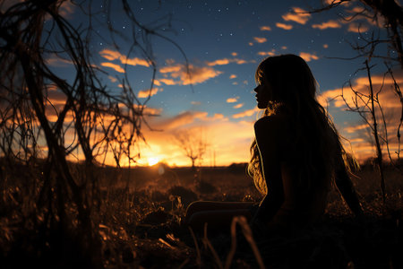 Beautiful young woman sitting on the grass and looking at the starry skyの素材