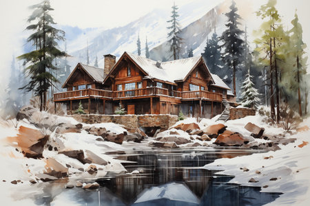 Digital painting of a chalet in the middle of a frozen lakeの素材