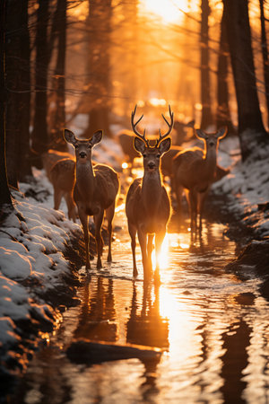 White-tailed deer (Odocoileus virginianus) with deers at sunrise.の素材