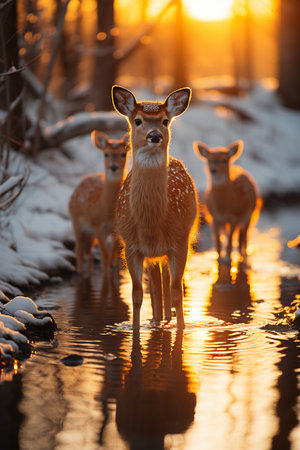 Fallow deer fawns at sunrise in the winter forest.の素材