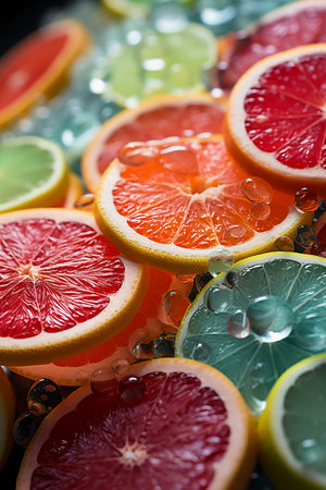 Citrus fruit slices background. Grapefruit, orange, lemon, lime.の素材