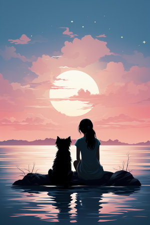 girl and cat on the lake at sunset. vector illustration for your designの素材
