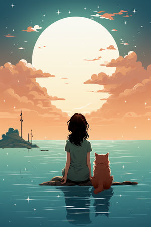 Girl and cat on the lake at sunset. Vector Illustration.の素材