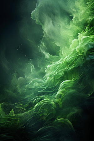 Abstract green smoke on black background. Fantasy fractal texture. Digital art. 3D rendering.の素材