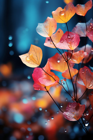 Colorful autumn leaves with dew drops on bokeh backgroundの素材