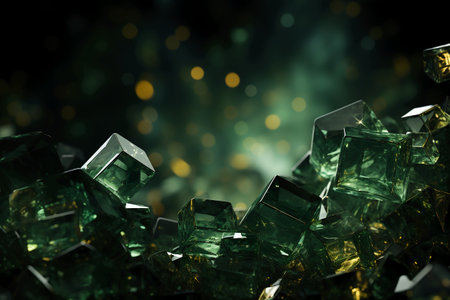 Green crystal background with bokeh effect. 3d render illustrationの素材