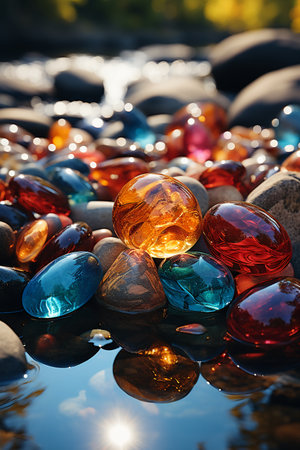 Colorful glass stones with reflection in water at sunset, close upの素材