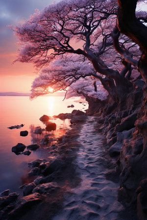 Beautiful landscape with cherry blossoms on the lake at sunset.の素材