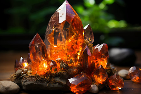 Beautiful crystals of natural amber on a wooden table. Selective focus.の素材