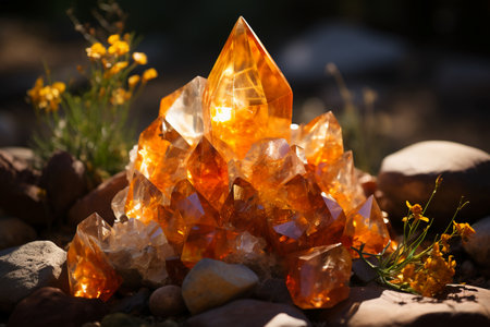Amber crystal with yellow flowers and stones on a sunny day.の素材