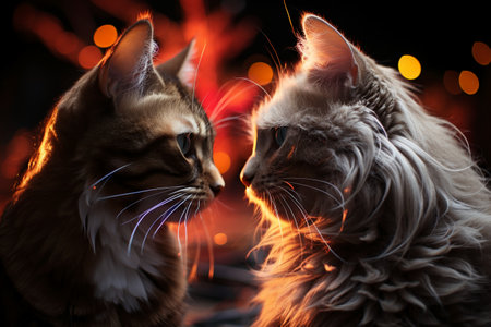 two maine coon cats in front of christmas lights.の素材