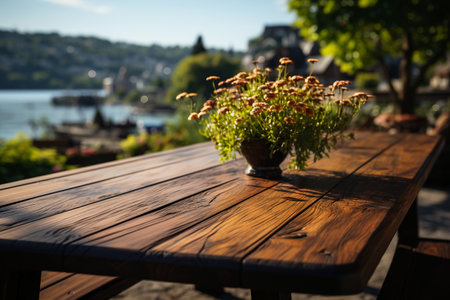 Wooden table and vase with flowers in a cafe on the background of the lakeの素材