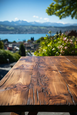 Wooden table top on terrace with view on Geneva lake, Switzerlandの素材