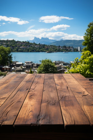 Wooden table in front of Geneva lake, Switzerland, Europe.の素材