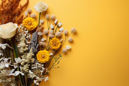 Flowers composition on yellow background. Flat lay, top view, copy spaceの素材