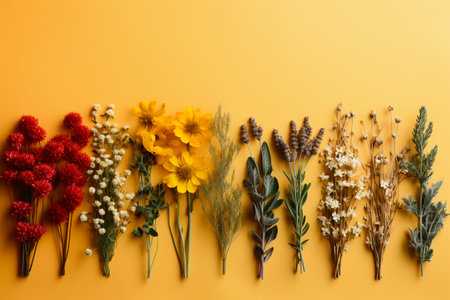 Flowers composition on yellow background. Flat lay, top view, copy spaceの素材