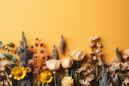Flowers composition on yellow background. Flat lay, top view, copy spaceの素材