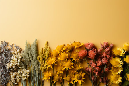 Flowers composition. Dried flowers on yellow background. Flat lay, top viewの素材
