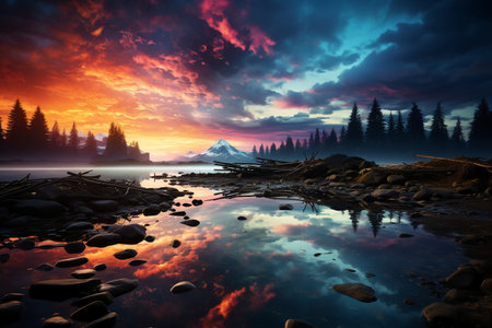 Fantasy landscape. Mountain lake at sunset. Dramatic sky.の素材