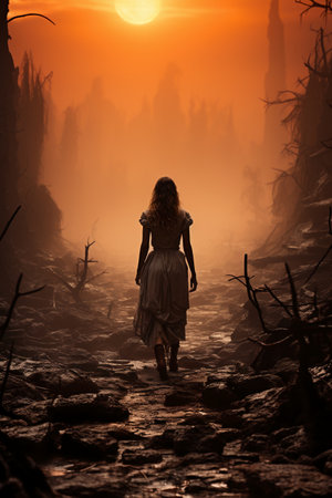 Zombie woman walking in the forest at sunset. Halloween concept.の素材