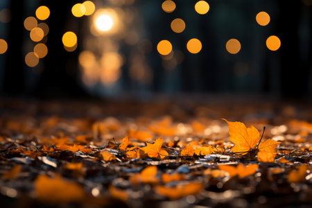 Autumn leaves on the ground in the park with bokehの素材