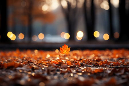 Maple leaf on the ground in autumn city park at sunset.の素材