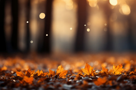 Autumn leaves in the forest at sunset. Seasonal background.の素材