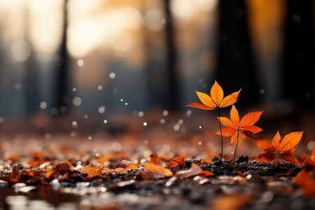 Autumn leaves on the ground in the forest. Nature background.の素材