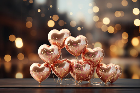 Heart shaped balloons on wooden table against blurred background. Valentine's day celebrationの素材