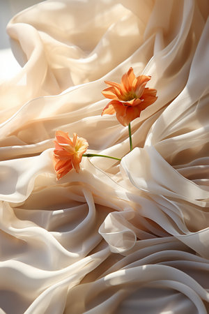 Beautiful flowers on white fabric as background, closeup. space for textの素材