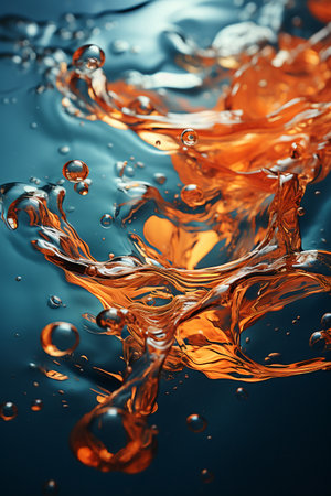 Orange water splash on a blue background. 3d rendering, 3d illustration.の素材