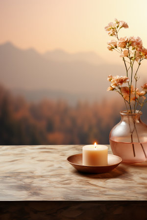Burning candle and vase with flowers on table in front of mountainsの素材