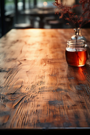Wooden table in a restaurant with a glass jar of honey and dried flowersの素材