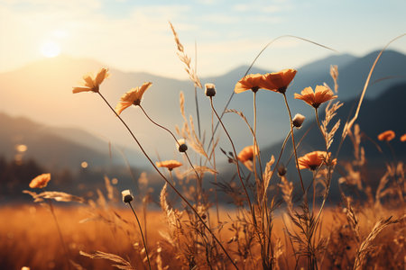 Meadow with poppy flowers at sunset. Beautiful nature landscape.の素材