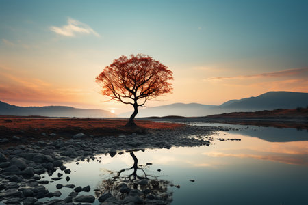 Lonely tree reflected in a lake at sunset. beautiful landscape