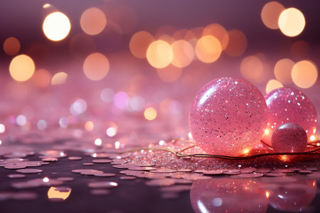 Beautiful pink Christmas balls on bokeh background with copy spaceの素材