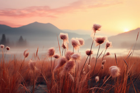 Beautiful landscape of grass flower on the meadow at sunrise.の素材