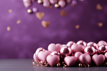 Pink heart shaped balloons on table against blurred background, space for textの素材
