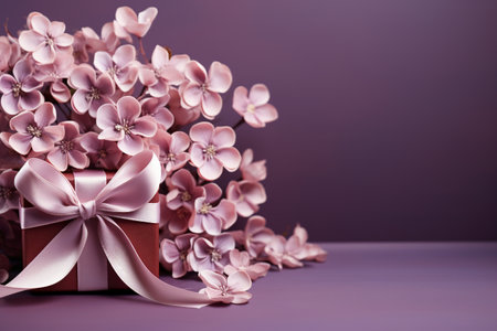 Bouquet of flowers and gift box on a purple background.の素材