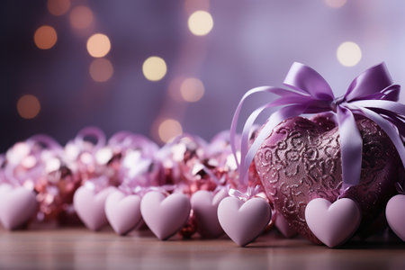 Heart shaped candies with ribbon on wooden table on bokeh backgroundの素材