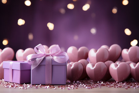 Gift box with pink hearts and confetti on bokeh backgroundの素材