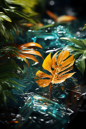 Tropical palm leaves floating in water. Colorful tropical backgroundの素材