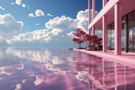 3d render of modern house with swimming pool and beautiful sky backgroundの素材