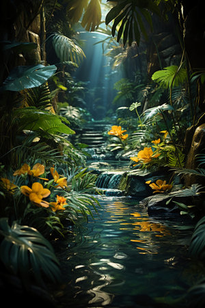 Waterfall in the jungle with yellow flowers and sunbeams.の素材