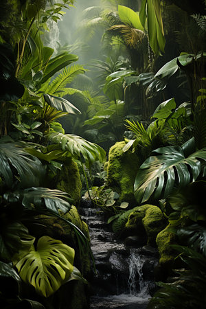 Tropical rainforest with waterfall and ferns in rainforestの素材