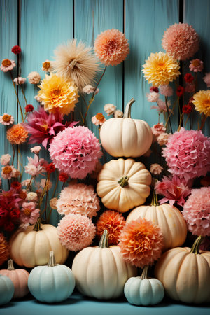 Autumn composition with pumpkins and dahlias on wooden backgroundの素材