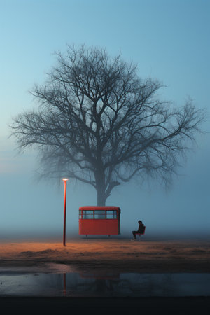 Silhouette of a man sitting on a bench next to a red double decker bus stopの素材