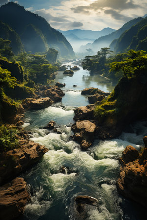 Mountain river in the morning mist. Beautiful landscape with a mountain riverの素材