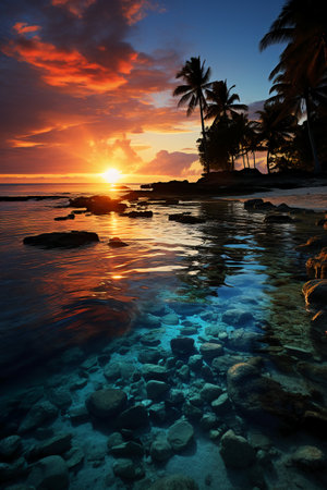 Beautiful seascape with palm trees at sunset. Nature composition.の素材